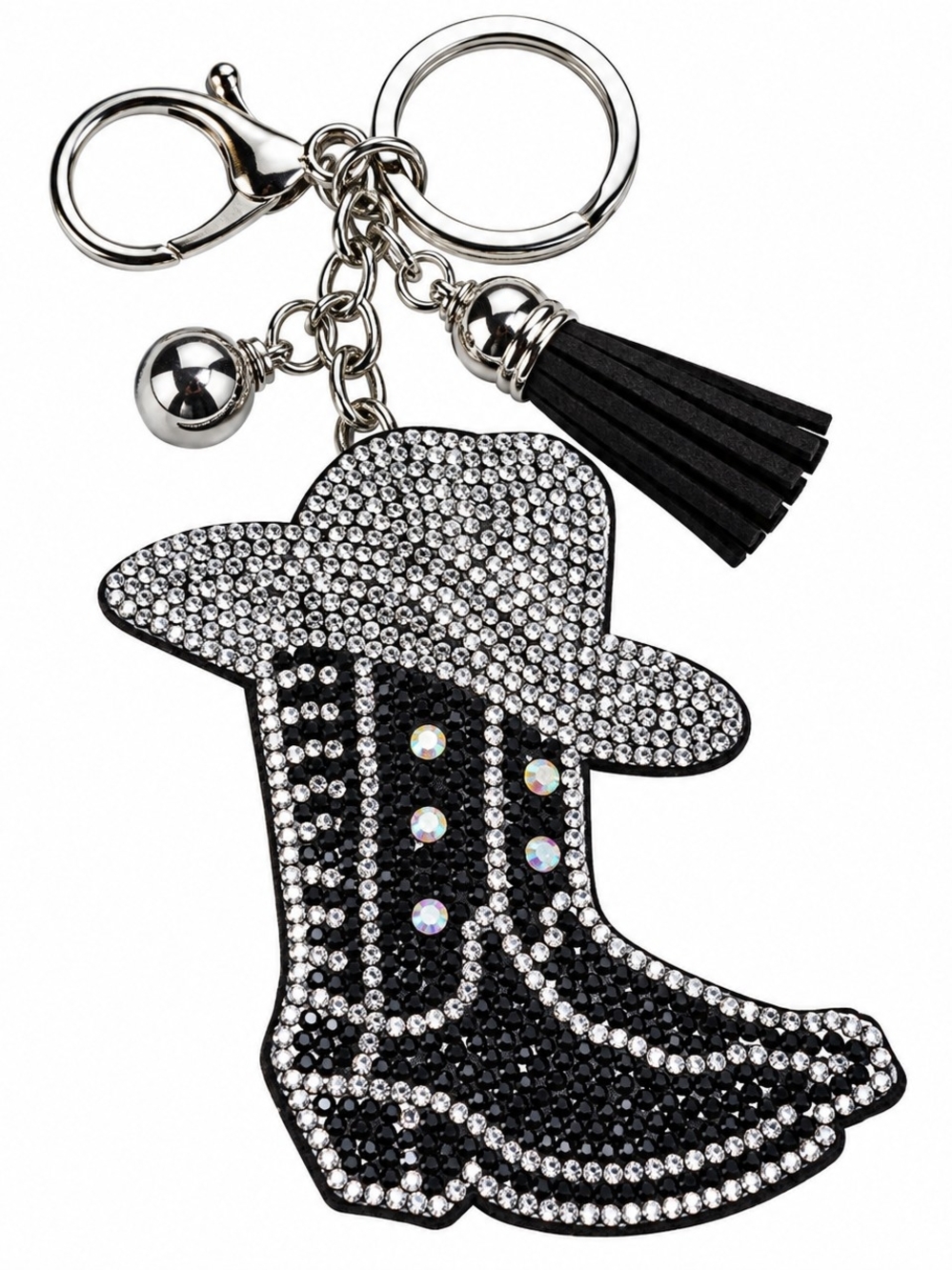 Crystal Embellished Black Cowboy Boot Keychain with Tassel
